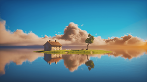 Island, Sunny day, Daylight, Blue Sky, House, Lone tree, Reflections, Lake, Body of Water, 4K wallpaper