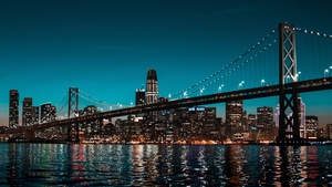 Brooklyn Bridge, Skyline, New York, Cityscape, Night time, City lights, Body of Water, Clear sky, Skyscrapers, 4K wallpaper