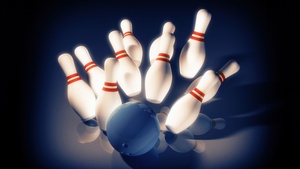 Bowling pins, Bowling ball, Blue background, 4K wallpaper