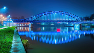 Józef Piłsudski bridge, Kraków, Poland, Night lights, Cityscape, 4K wallpaper