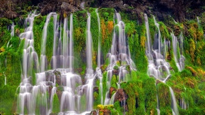 Waterfall, Spring, Landscape, Mossy rocks, 4K wallpaper