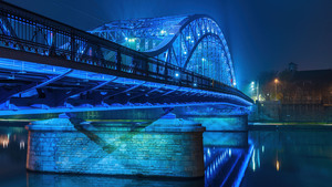 Józef Piłsudski bridge, Poland, Kraków, Night lights, Cityscape, 4K wallpaper