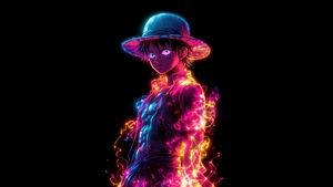 Monkey D. Luffy, Neon art, Black background, One Piece, 4K wallpaper