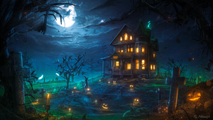 Haunted, Halloween house, Haunted Mansion, Halloween pumpkins, Aesthetic, Illuminated, 4K wallpaper
