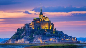 Mont Saint-Michel, Normandy, France, Ancient architecture, Tourist attraction, Evening, Sunset, 4K wallpaper