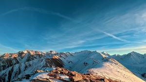 Snowy Mountains, Scenic, Blue Sky, Outdoor, Sunny day, Panorama, 4K wallpaper