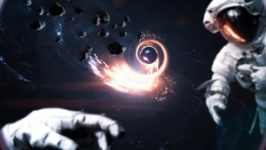 Wormhole, Black hole, Astronaut, Cosmos, Planet, Asteroids, 4K wallpaper