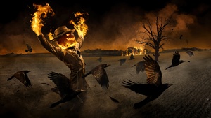 Scarecrow, Halloween night, Fire, Burning, Crows, Spooky, Scary, Gothic, Horror, 4K wallpaper