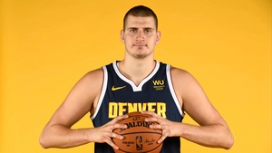 Nikola Jokic, NBA, Denver Nuggets, Yellow background, 4K wallpaper