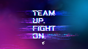 Team up Fight on, Glitch art, Gigabyte AORUS Gaming, Cyberpunk, Typography, Gradient background, Neon typography, 4K wallpaper