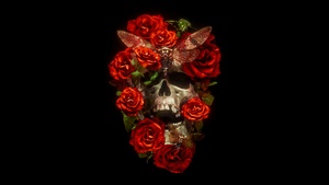 Skull, Roses, AMOLED, Black background, Darkness, 4K wallpaper