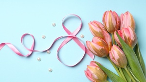 Womens Day, Tulips, March 8th, Ribbon, Blue background, 4K wallpaper