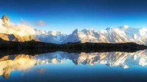 Alps mountains, Reflections, Snow mountains, Snow covered, Blue Sky, Wilderness, Serene, Scenic, Blue aesthetic, 4K wallpaper