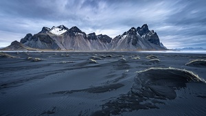 Vestrahorn mountain, Iceland, Snow covered, Cloudy Sky, Mountain View, Landscape, Scenery, Stokksnes, Black sand beach, 4K wallpaper