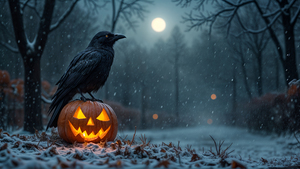 Halloween Pumpkin, Crow, Halloween night, Snowfall, Winter snow, 4K wallpaper