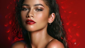 Zendaya, Digital Art, American actress, Portrait, Beautiful actress, Red background, 4K wallpaper