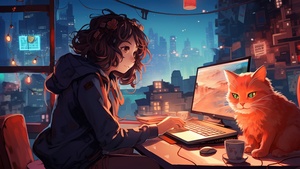 Lofi girl, Working, Night, Anime girl, 4K wallpaper