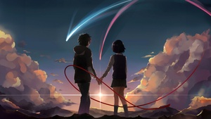Your Name, Comet Tiamat, Artwork, Taki Tachibana, Mitsuha Miyamizu, Lofi, Kimi no Na wa, Love couple, Anime couple, Shooting stars, 4K wallpaper