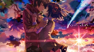Your Name, Anime couple, Mitsuha Miyamizu, Taki Tachibana, Kimi no Na wa, Love couple, Comet Tiamat, Celestial, Shooting stars, 4K wallpaper