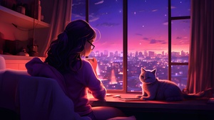 Lofi girl, Cozy, Cat, Window, Alone, Aesthetic, 4K wallpaper