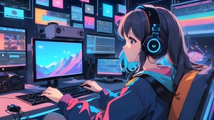 Anime girl, Working, Lofi girl, AI art, Headphones, 4K wallpaper