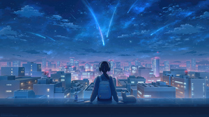 Your Name, Anime girl, Mitsuha Miyamizu, Lofi, Kimi no Na wa, Comet Tiamat, Celestial, Shooting stars, 4K wallpaper