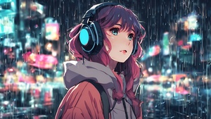Lofi girl, AI art, Listening music, Headphones, Raining, 4K wallpaper