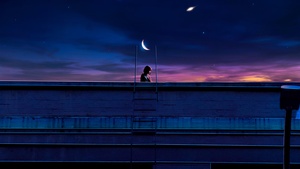 Lofi girl, Illustration, Crescent Moon, Sad girl, 4K wallpaper