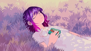 Lofi girl, Listening music, Lying down, Purple aesthetic, 4K wallpaper