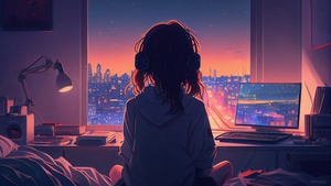 Lofi girl, Listening music, Window, 4K wallpaper