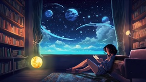 Lofi girl, Reading book, Surreal, Room, Cozy, 4K wallpaper