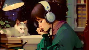 Lofi girl, Headphones, Listening music, Cat, Alone, Cozy, 4K wallpaper
