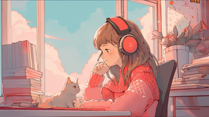 Lofi, Anime girl, AI art, Alone, Cat, 4K wallpaper
