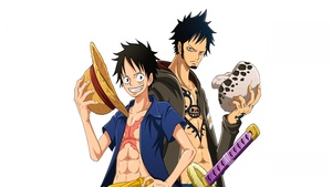 Trafalgar Law, Monkey D. Luffy, Straw Hat Pirates, One Piece, White background, 4K wallpaper