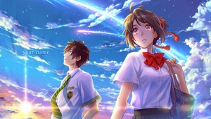 Kimi no Na wa, Taki Tachibana, Mitsuha Miyamizu, Your Name, Anime couple, Comet Tiamat, Celestial, Shooting stars, 4K wallpaper