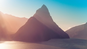 Mitre Peak, New Zealand, Milford Sound, Mountain Peak, Sun light, Sunrise, Morning light, Blue Sky, Landscape, 4K wallpaper