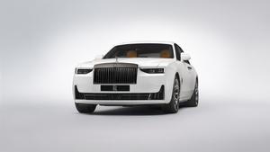 Rolls-Royce Black Badge Ghost Series II, 2024, White aesthetic, White cars, White background, 4K wallpaper