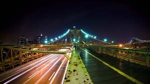 Brooklyn Bridge, Cityscape, City lights, Manhattan, Brooklyn, Suspension bridge, New York City, USA, 4K wallpaper