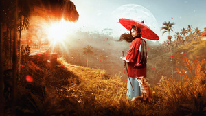 Japanese girl, Japanese culture, Japanese tradition, Samurai, Katana, Katana girl, Fox, Autumn, 4K wallpaper