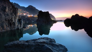 Porto Moniz, Portugal, Island, Beach, Coast, Sunset, Night City, Cityscape, City lights, Rocks, Seascape, Twilight, 4K wallpaper