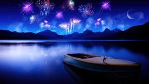 New Year, Fireworks, Lake, Reflections, Night, Boat, Blue, Mountains, Crescent Moon, New Year celebrations, 4K wallpaper