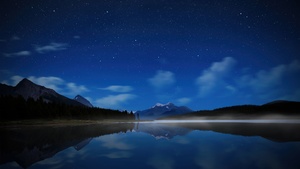 Maligne Lake, Jasper National Park, Alberta, Canada, Starry sky, Night sky, Reflections, 4K wallpaper