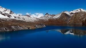 Snowy Mountains, Body of Water, Mountain range, Blue Sky, Lake, Reflection, Landscape, Scenery, 4K wallpaper