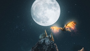 Castle, Dragon, Moon, Night, 4K wallpaper