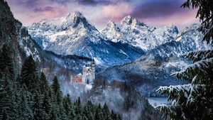 Neuschwanstein Castle, Winter Mountains, Morning, Snow covered, Ancient architecture, Schwangau, Germany, 4K wallpaper