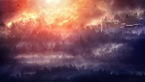 Castle, Burning Sky, Sunset, Forest, Surreal, Flying birds, Foggy, Fairy tale, Landscape, Photo Manipulation, 4K wallpaper
