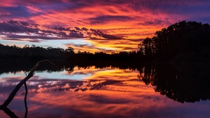 Sunset, Lake, Reflections, Landscape, Scenic, Silhouette, Dusk, 4K wallpaper