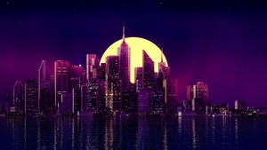 Cityscape, Synthwave, Moon, Neon, Retrowave, Night, 4K wallpaper