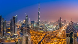 Burj Khalifa, Sheikh Zayed Road, Dubai, Cityscape, Night, City lights, Long exposure, Buildings, Skyscrapers, Dusk, 4K wallpaper