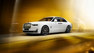 Rolls-Royce Black Badge Ghost Series II, 2024, 12K, Golden background, 4K wallpaper